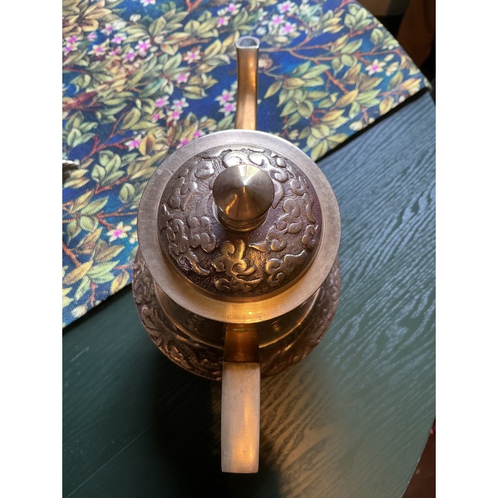 Vintage Brass Tea Coffee Pot Set with 2 Leaf Handle Cups Embossed Floral Pattern - Picture 13 of 16